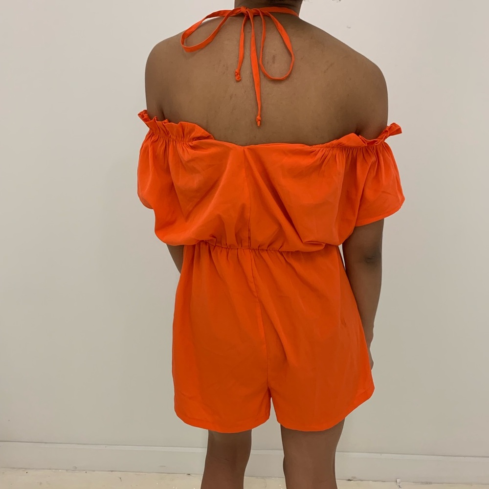 Orange Ruffle Off Shoulder Romper - Picture 2 of 2